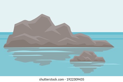 Landscape with salty water on seashore. Waves hit rocks and spray scatters. Water surface of sea with stones. Ocean landscape vector illustration. Vacation at sea and pastime in fresh air concept