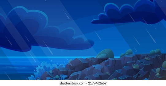 Landscape with salty water on seashore. Waves hit rocks and spray scatters. Water surface of sea with stones. Ocean landscape in evening or rainy night. Vacation at sea and pastime outdoors concept