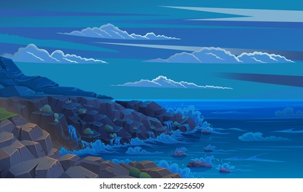 Landscape with salty water on seashore. Waves hit rocks and spray scatters. Water surface of sea with stones. Ocean landscape, seascape in darkness. Vacation at sea and pastime in fresh air concept