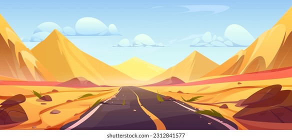 Landscape of sand desert with road in Africa. Wilderness land scene with empty old asphalt highway, sand dunes, grass and stones, vector cartoon illustration