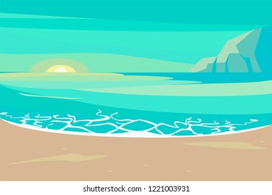 Landscape with sand tropical Beach. Summer Seaside With Palm and rock scene on sunset background. Vector illustration eps 10
