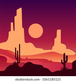 Landscape of sandy desert with rocky mountains and cactus plants. Natural scenery with sunset. Vector in gradient colors