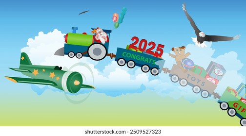 Landscape with Santa Claus' flying train flying through the clouds to give holiday gifts to children around the world. Vector illustration.