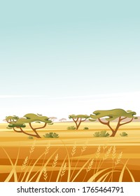 Landscape savanna background with clear sky yellow grass and green tree flat vector illustration cartoon style vertical design