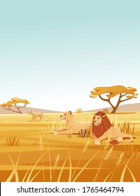 Landscape savanna background with clear sky yellow grass and tree lion family lying on ground flat vector illustration cartoon style vertical design