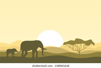 Landscape of Savanna with a tree. The elephant goes with her baby. The child holds an elephant behind the tail. Silhouettes of animals