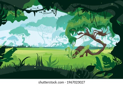 The landscape of the savannah opens up through the jungle flat vector illustration