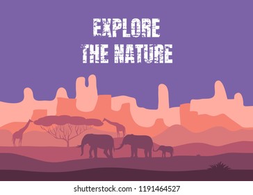 Landscape Savannah. Silhouettes of elephants and giraffes