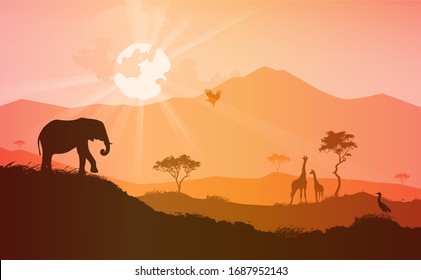 Landscape savannah with wild animals, vector illustration