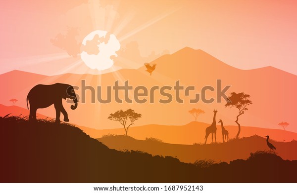 Landscape savannah with wild animals, vector illustration