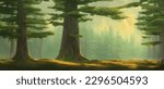 landscape in scandinavian arctic forest, pine trees and snowy sunset, matte painting vector illustration