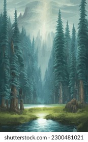 landscape in scandinavian arctic forest, pine trees and snowy sunset, matte painting vector illustration