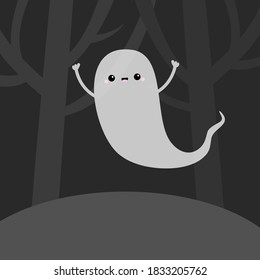 Landscape with scary tree forest scene. Flying ghost spirit in the dark. Happy Halloween. Cute cartoon kawaii spooky baby character. Boo. White ghosts. Black background. Flat design. Vector