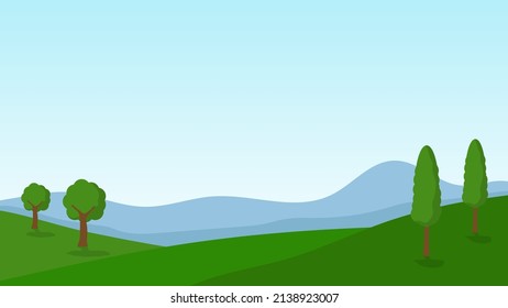 landscape scene background with green trees on hill and mountain on clear blue sky day with copy space for decorative design 