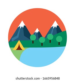 landscape scene with camping tent flat style icon vector illustration design
