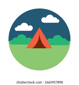 landscape scene with camping tent flat style icon vector illustration design