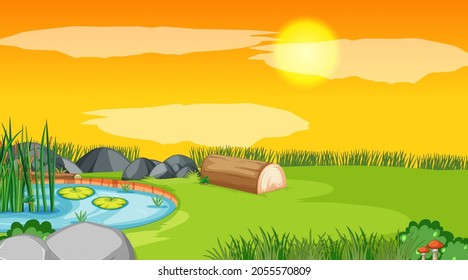 Escena paisajística del bosque con estanque y sol cayendo en la ilustración