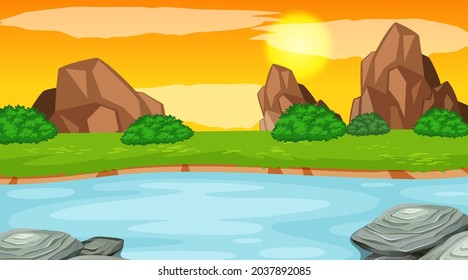 Landscape scene of forest with river illustration