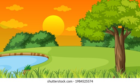 Escenario paisajístico del bosque con río y muchos árboles de ilustración