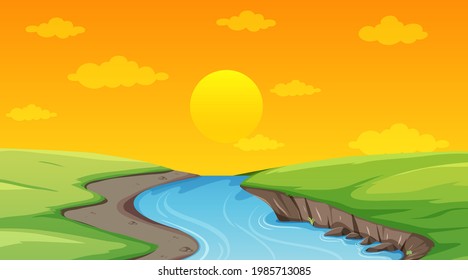 Landscape scene of forest with river and many trees illustration