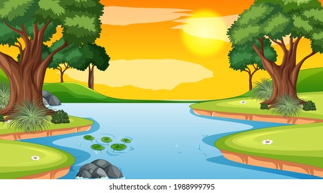 Landscape scene of forest with river and many trees illustration