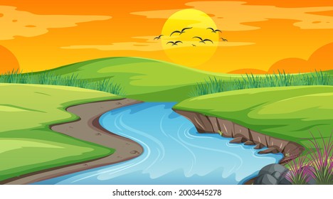 Landscape scene of forest with river and many trees illustration
