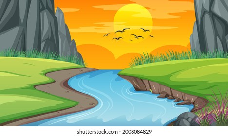 Landscape scene of forest with river and many trees illustration