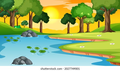 Landscape scene of forest with river and many trees illustration