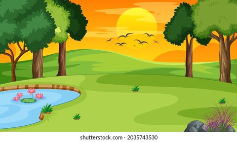 Landscape scene of forest with river and many trees illustration