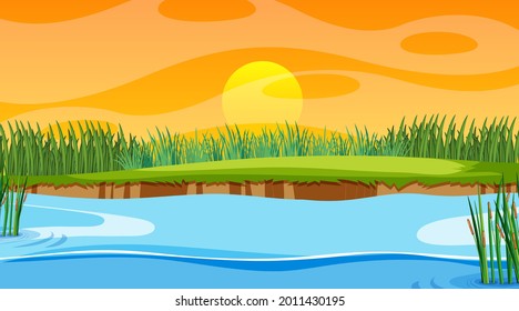 Escenario paisajístico del bosque con río y sol bajando la ilustración