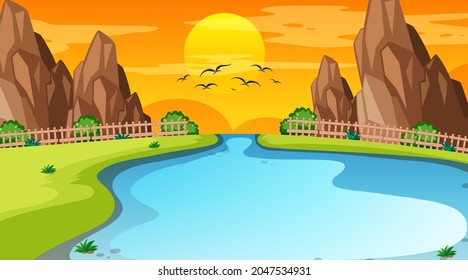 Landscape scene of forest with river and the sun going down illustration