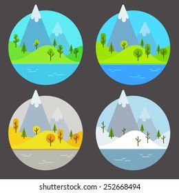 landscape scene in four different seasons of the year, isolated inside a circle