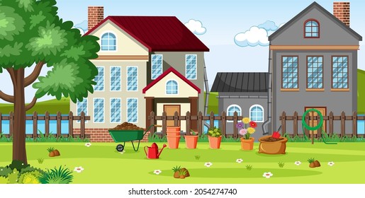 Landscape scene with garden in front of the houses  illustration