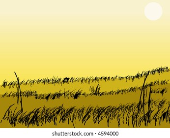 Landscape scene with grass and fields and a yellow sky