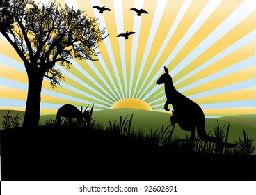 landscape scene with kangaroo's and yellow rays