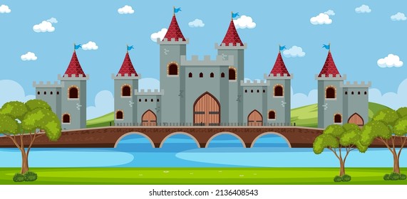 Landscape scene with medieval castle illustration