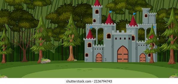Landscape scene with medieval town in forest illustration