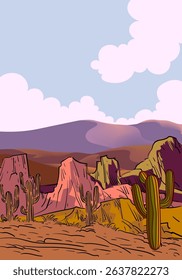 Landscape scene with mountain peaks, hill, lake vector illustration background.
