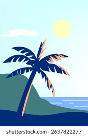 Landscape scene with mountain peaks, hill, lake vector illustration background.