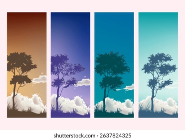 Landscape scene with mountain peaks, hill, lake vector illustration background.