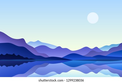 Landscape scene with Mountain Peaks and Moon with reflexion in the lake at night. Vacation and Outdoor Texture. Tranquil Recreation and Meditation Concept. Vector illustration background.