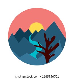 landscape scene with mountains ans river flat style icon vector illustration design