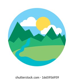 landscape scene with mountains ans river flat style icon vector illustration design