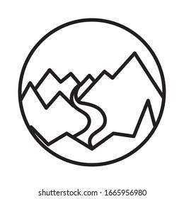 landscape scene with mountains ans river line style icon vector illustration design