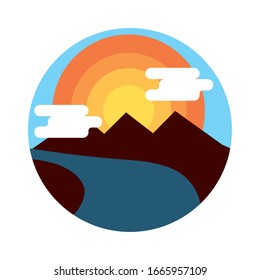 landscape scene with mountains ans river flat style icon vector illustration design