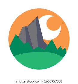 escenario paisajístico con montañas y luna de estilo plano ilustración vectorial