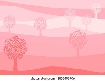 A landscape scene with multi shades of pink trees. There’re leaf pattern inside each tree.