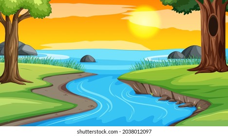 Escena paisajística del río a través de la ilustración forestal