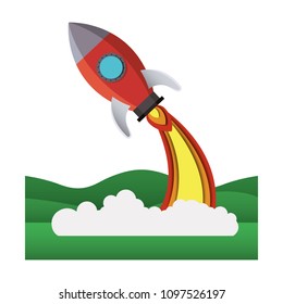 landscape scene with rocket flying