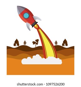 landscape scene with rocket flying